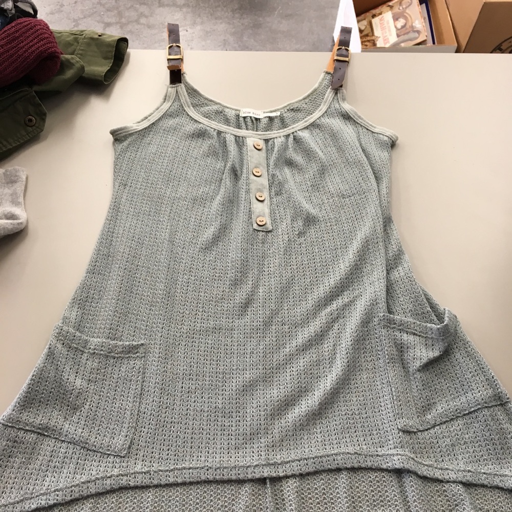 Blue knit tank top with leather adjustable straps